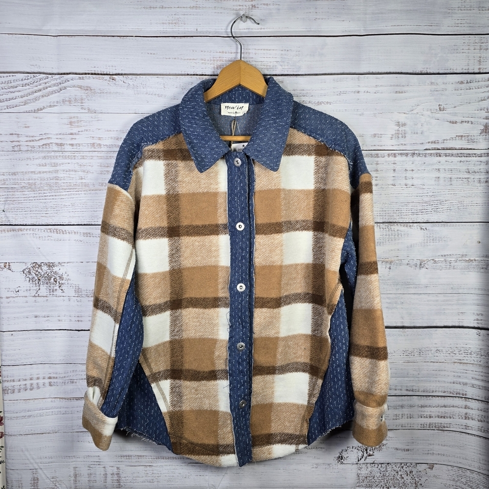 NWT NEW IN Mocha Mix Textured‎ Denim Contrast Plaid Shacket Jacket Rustic Size S
